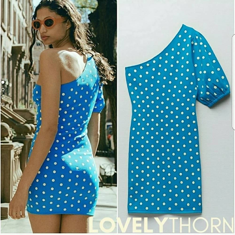ZARA // turquoise polka dot one puff shoulder soft & stretchy knit mini dress - Picture 9 of 16